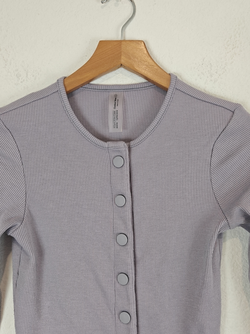 Outdoor Voices Cozy Rib Cropped Cardigan Earl Grey/Lavender Soft Girl Athleisure - Picture 7 of 13